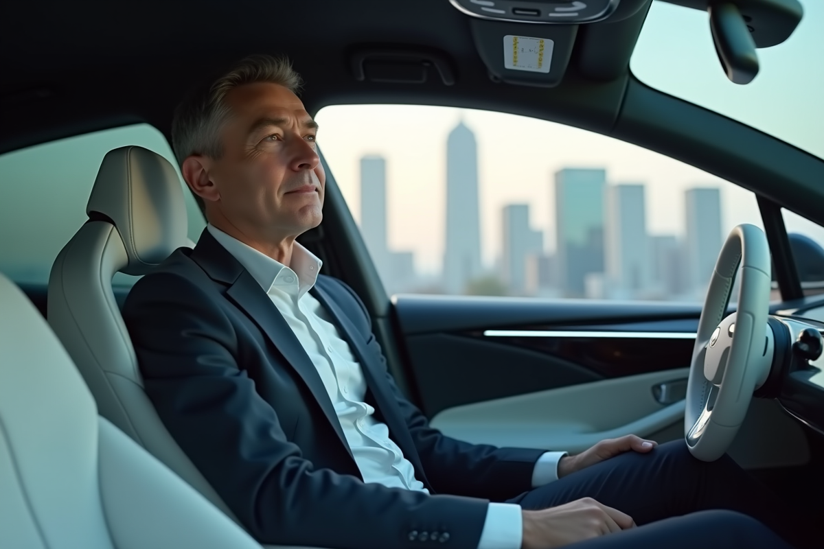 Homme d age moyen dans voiture électrique futuriste