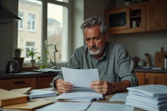 Homme stressé tenant une lettre de relance de dette à la maison, entouré de courriers officiels