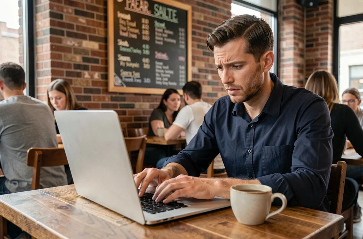 Homme utilisant le support client de l'application Lydia sur un ordinateur portable dans un café urbain