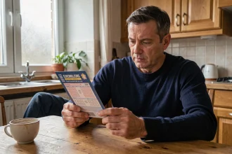 Homme examinant un ticket EuroMillions à une table de cuisine en bois dans un appartement européen