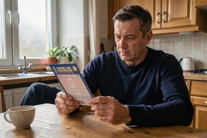 Homme examinant un ticket EuroMillions à une table de cuisine en bois dans un appartement européen