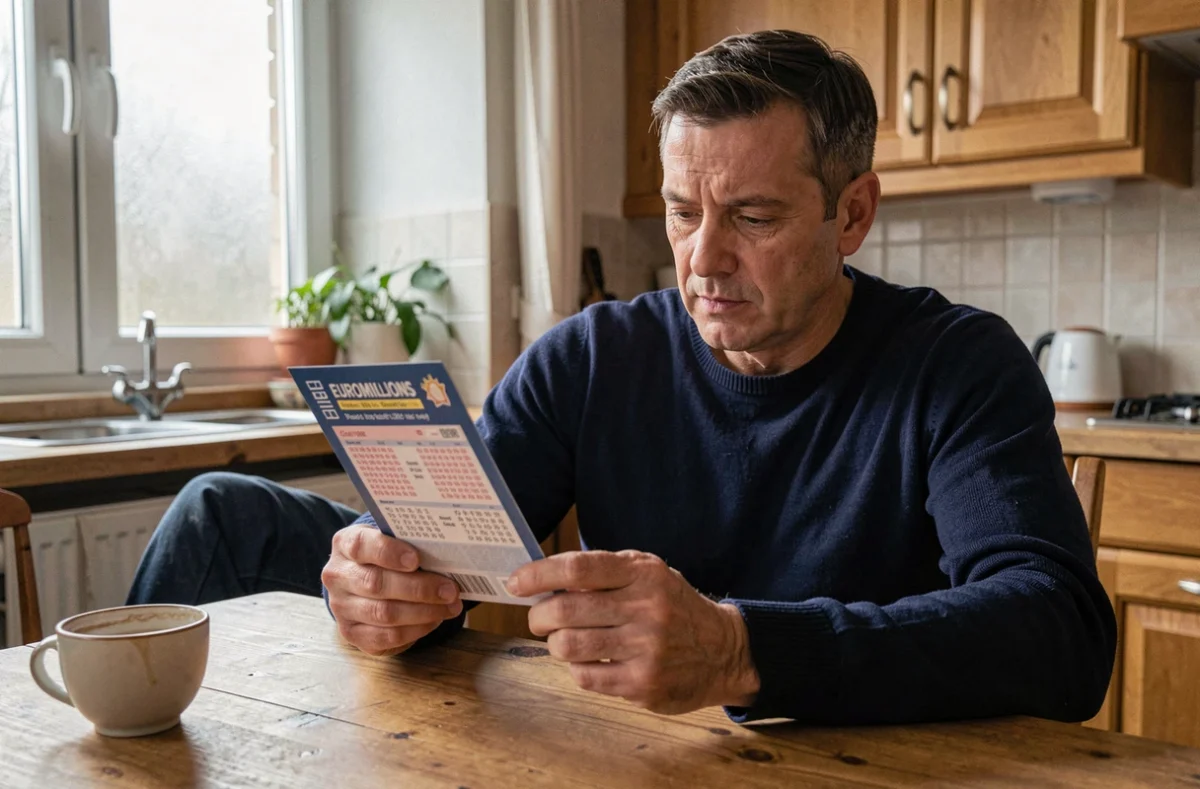 Homme examinant un ticket EuroMillions à une table de cuisine en bois dans un appartement européen