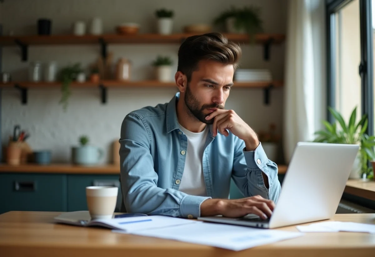 Homme concentré travaillant à la maison avec documents financiers