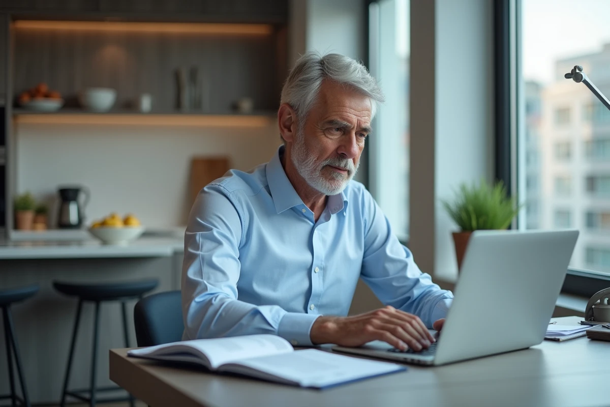 Homme mature utilisant un ordinateur avec des documents financiers