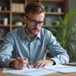 Jeune homme en bureau organisé avec documents et graphiques
