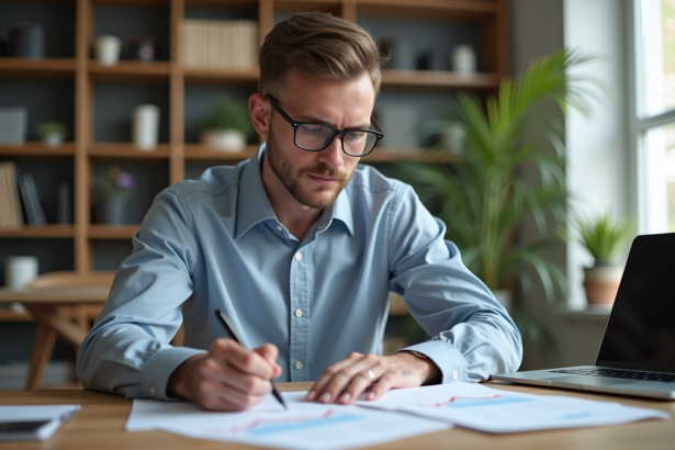 Jeune homme en bureau organisé avec documents et graphiques