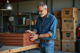 Homme examinant des tuyaux en cuivre dans son atelier