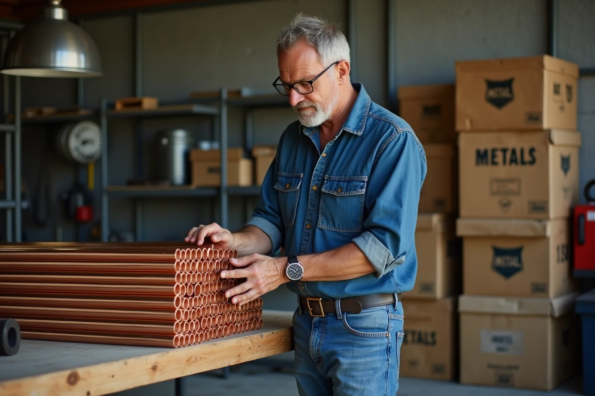 Homme examinant des tuyaux en cuivre dans son atelier