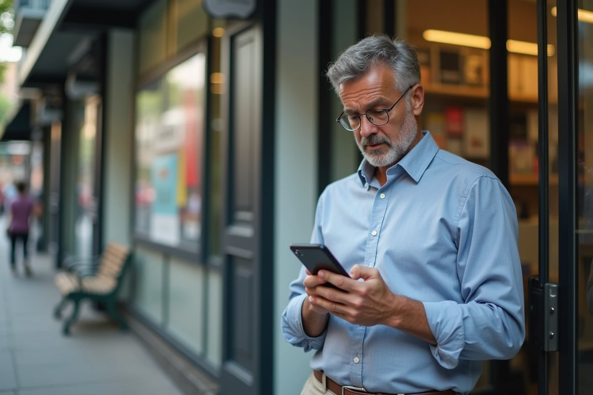 Homme perplexe regardant son smartphone devant un magasin en ville
