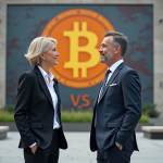 Homme et femme d'affaires devant un mural Bitcoin et drapeau