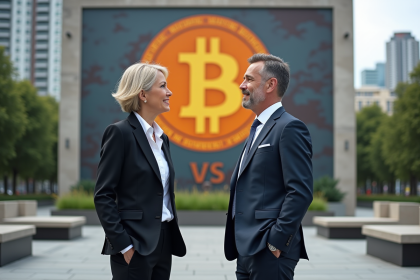 Homme et femme d'affaires devant un mural Bitcoin et drapeau