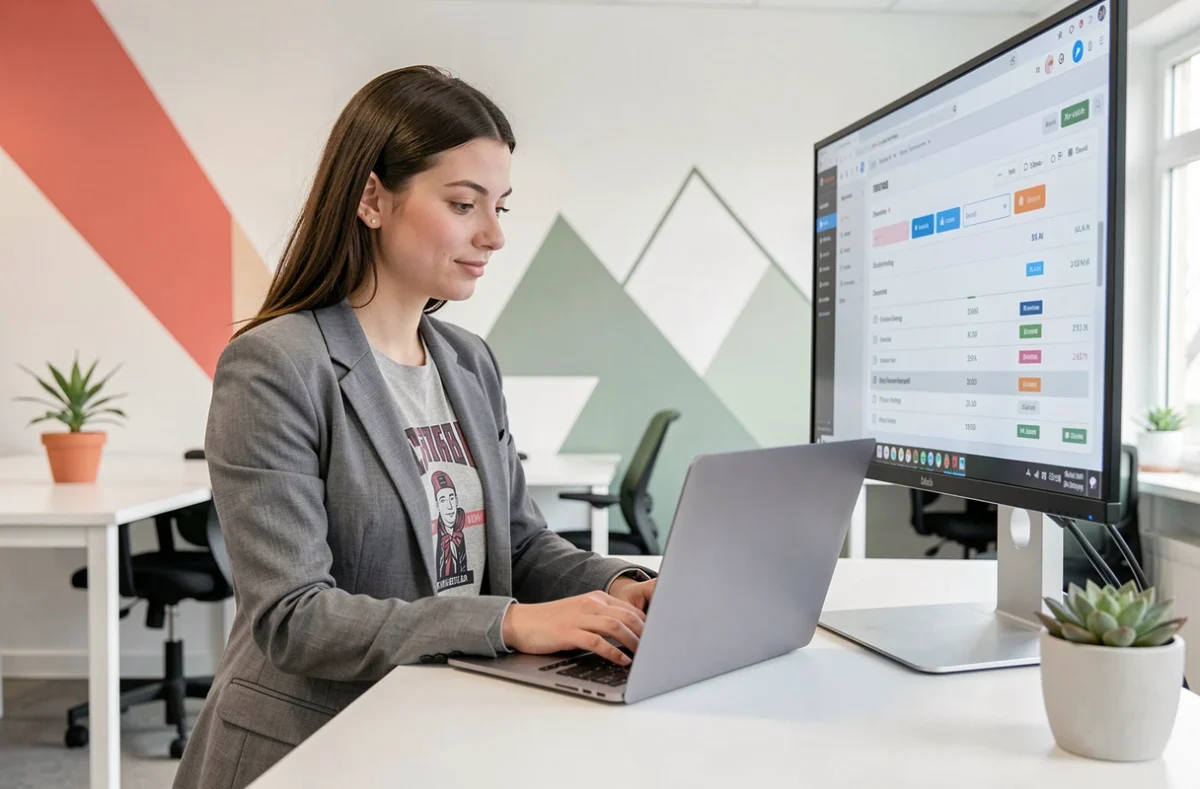 Jeune experte-comptable d'Impact Expertise Dijon travaillant sur un logiciel comptable cloud dans un espace moderne et design