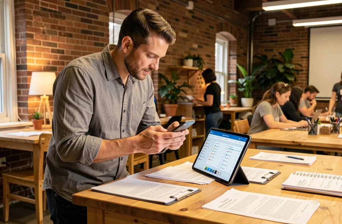 Travailleur indépendant consultant son tableau de bord de compte professionnel sur smartphone et tablette dans un espace de coworking