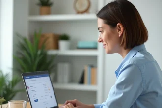 Femme créant son compte en ligne CA56 sur un ordinateur portable dans un bureau à domicile