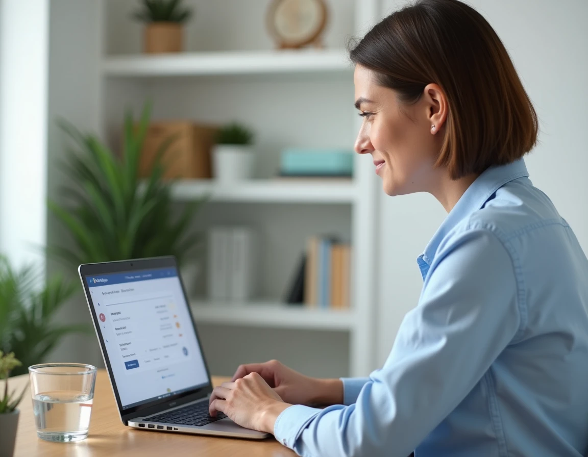 Femme créant son compte en ligne CA56 sur un ordinateur portable dans un bureau à domicile
