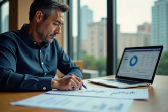 Investisseur analysant les dividendes FDJ sur des documents financiers dans un bureau moderne