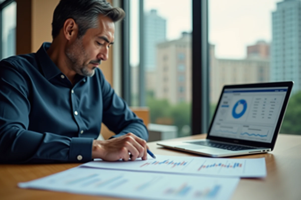 Investisseur analysant les dividendes FDJ sur des documents financiers dans un bureau moderne