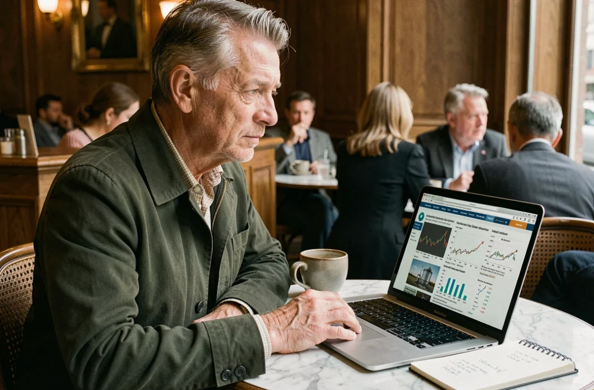 Investisseur particulier consultant les données boursières d'Air Liquide et EPA AI dans un café parisien