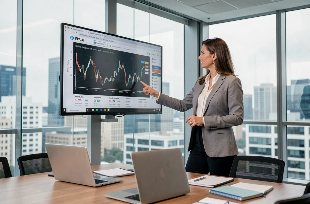 Investisseuse présentant une comparaison de performance financière EPA AI et Air Liquide en salle de réunion