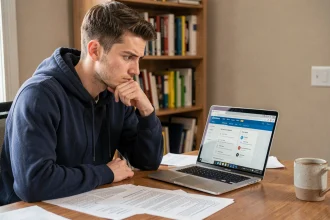 Jeune apprenti étudiant une plateforme de bourse-apprentissage sur son ordinateur portable dans un bureau à domicile
