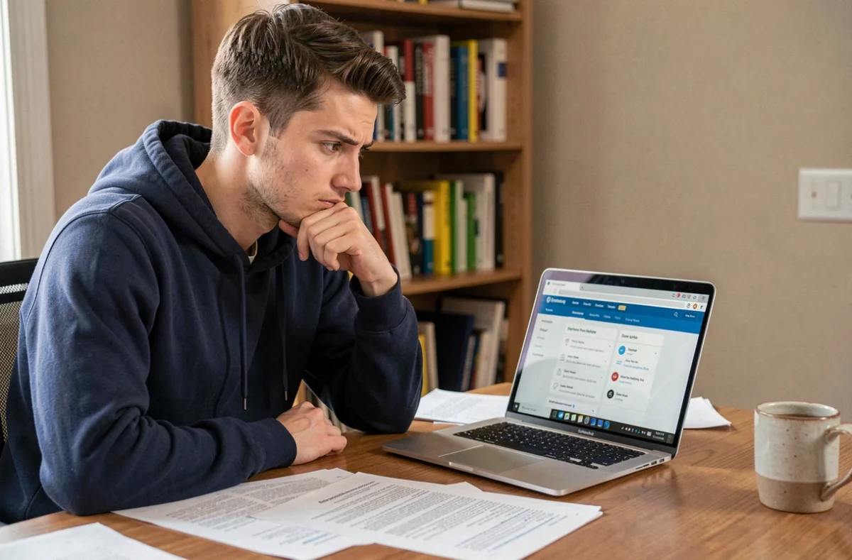 Jeune apprenti étudiant une plateforme de bourse-apprentissage sur son ordinateur portable dans un bureau à domicile