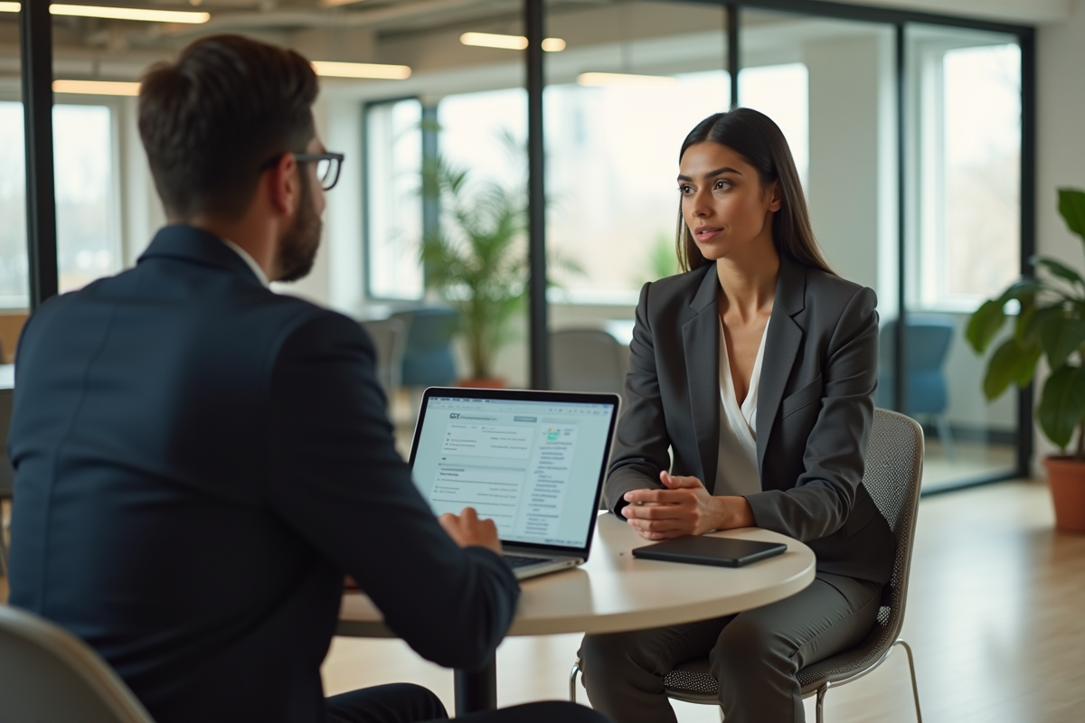 Jeune entrepreneure discutant avec un conseiller dans un espace de coworking
