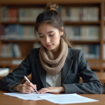 Jeune femme en bibliothèque étudiant un document de prêt
