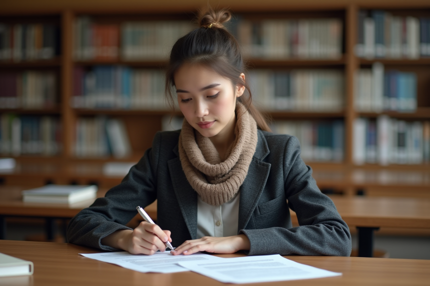 Jeune femme en bibliothèque étudiant un document de prêt