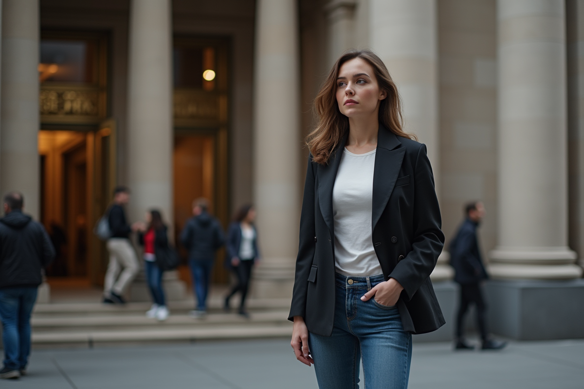Jeune femme debout devant un bâtiment de la bourse en ville