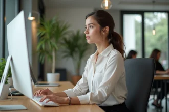 Jeune femme au bureau concentrée sur son ordinateur