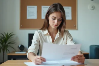 Jeune femme en bureau contemplant un contrat