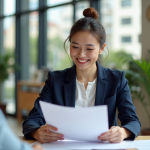 Jeune femme d'affaires examine des documents de prêt dans un bureau moderne