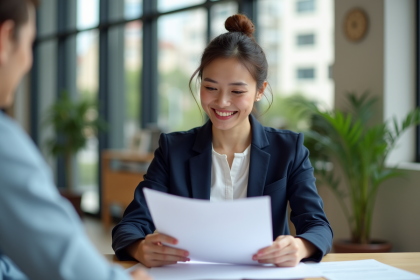 Jeune femme d'affaires examine des documents de prêt dans un bureau moderne