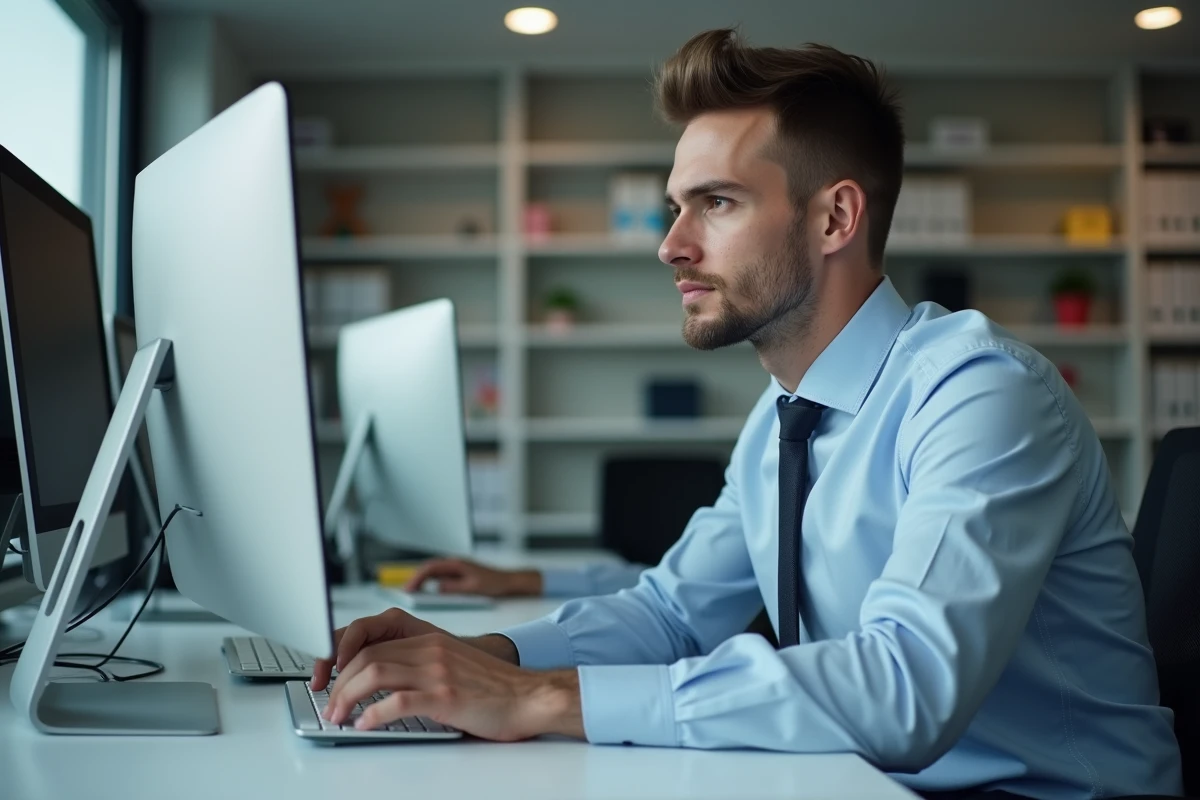Jeune homme tapant une lettre de plainte au bureau