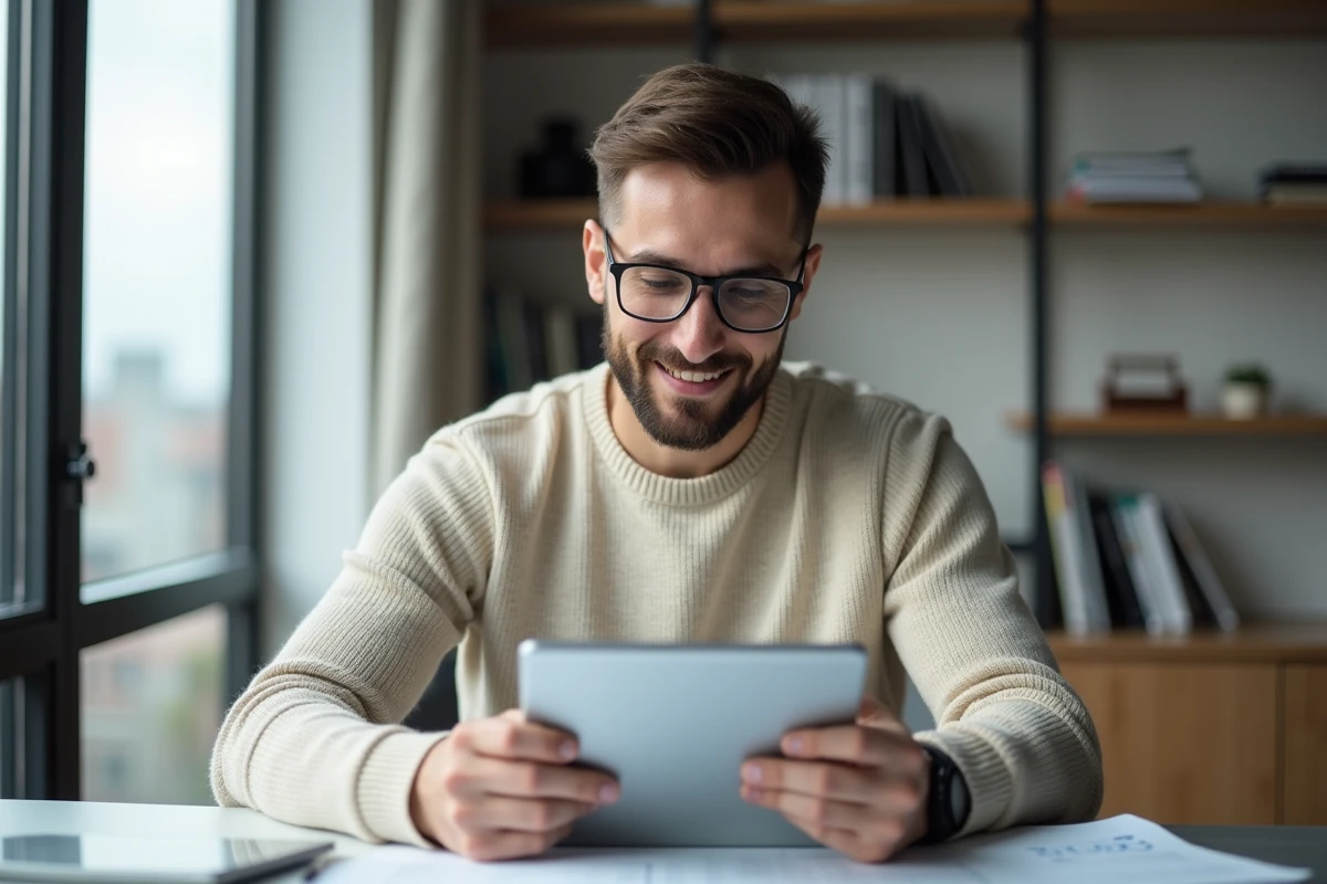 Jeune homme regardant ses documents bancaires sur une tablette