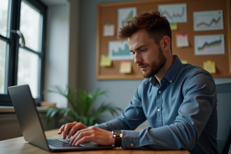 Jeune homme analysant des graphiques de cryptomonnaie sur son ordinateur