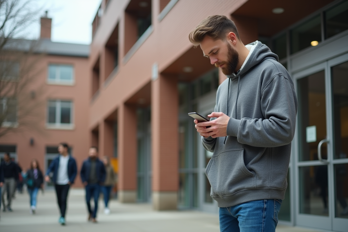 Jeune homme dehors devant un bureau d