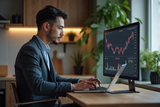 Jeune homme professionnel étudie Ethereum sur son ordinateur