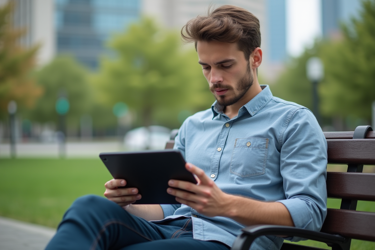 Jeune homme analysant des statistiques sur une tablette dans un parc