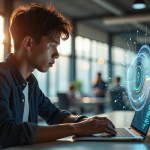 Jeune professionnel travaillant avec une hologramme de cryptomonnaie