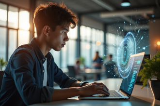 Jeune professionnel travaillant avec une hologramme de cryptomonnaie