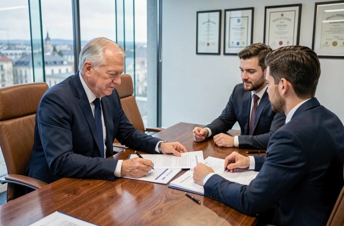 Expert-comptable senior de KPMG Dijon en réunion d'audit avec des collègues dans une salle de conférence corporative