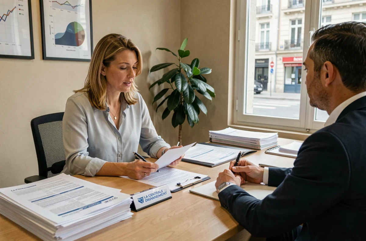 Une conseillère de La Centrale de Financement explique un dossier de prêt immobilier à un couple dans une agence professionnelle