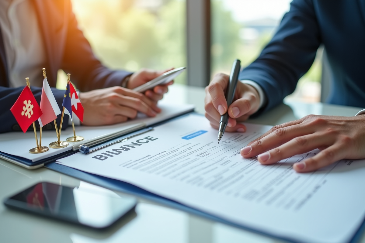 Mains remplissant un formulaire financier avec logo Binance et drapeaux
