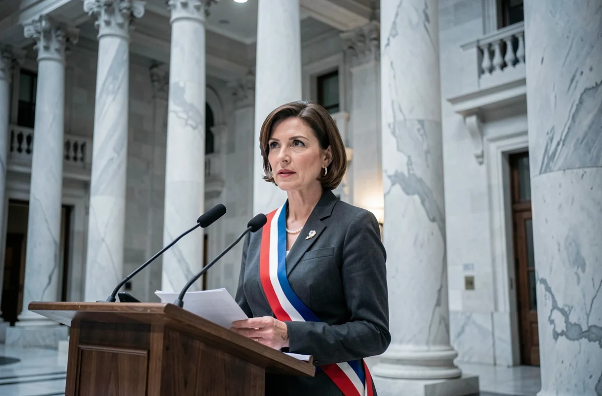 Maire d'une grande ville en blazer et écharpe tricolore debout au pupitre d'un grand hôtel de ville