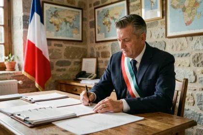 Maire d'un petit village portant l'écharpe tricolore assis à son bureau dans une mairie rurale