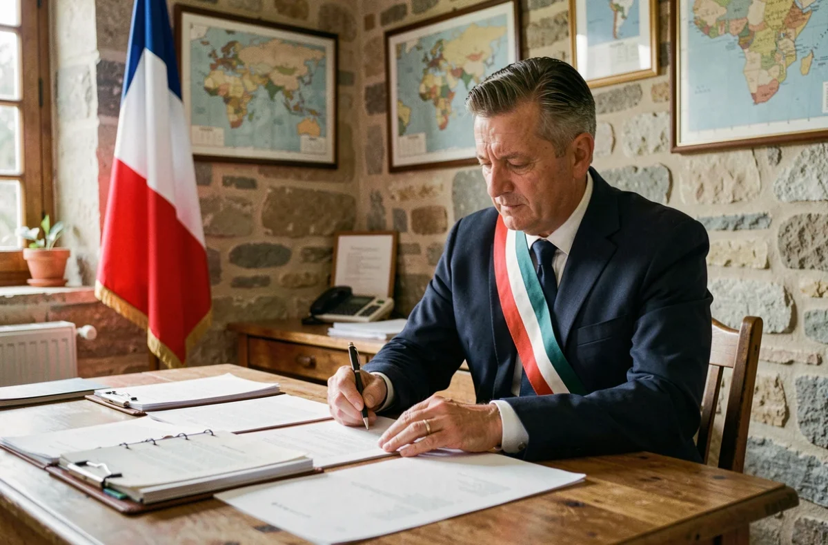 Maire d'un petit village portant l'écharpe tricolore assis à son bureau dans une mairie rurale