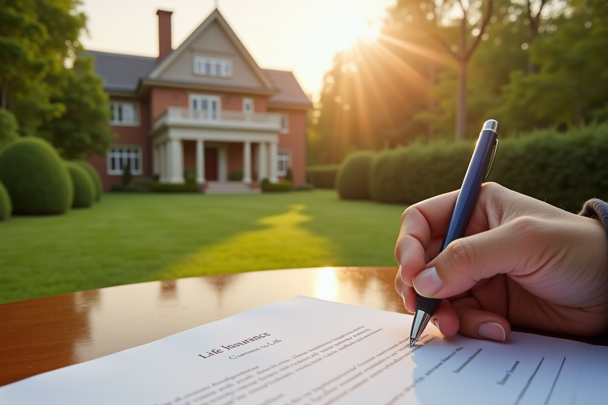 Signature d un contrat d assurance vie sur une table en bois dans un jardin