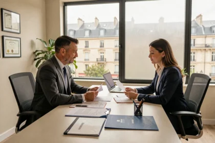 Courtiers en assurance en Gironde discutant avec un client dans un bureau moderne de Bordeaux