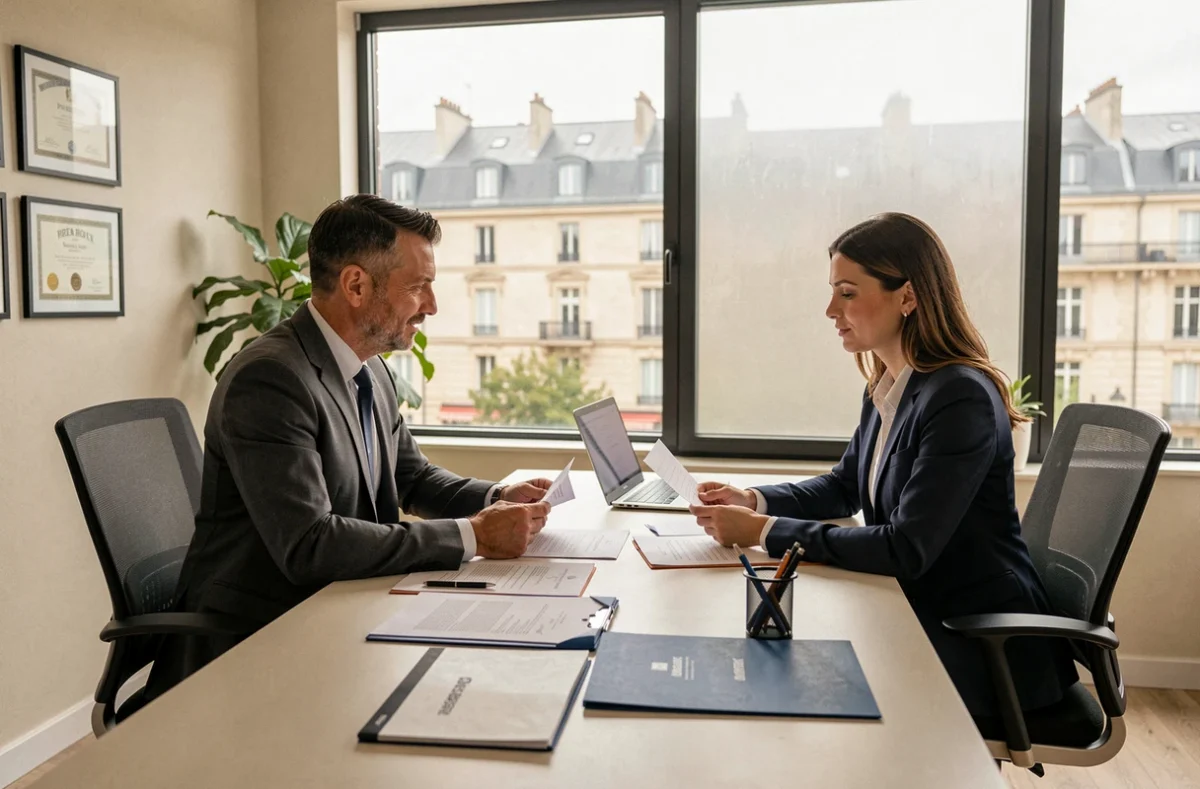 Courtiers en assurance en Gironde discutant avec un client dans un bureau moderne de Bordeaux